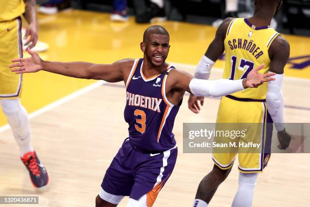 Chris Paul of the Phoenix Suns appeals to referees for a foul during the first half of Game Three of the Western Conference first-round playoff...
