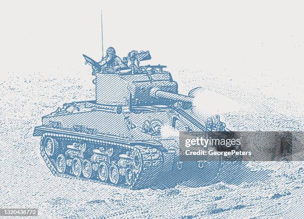 ilustrações, clipart, desenhos animados e ícones de tanque sherman da segunda guerra mundial disparando armas na praia de omaha - normandy invasion