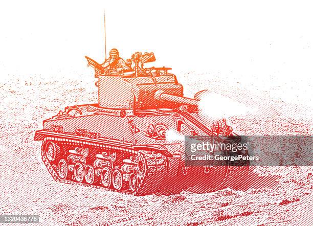 illustrations, cliparts, dessins animés et icônes de wwii m4 sherman tank tir d’armes sur omaha beach - d day