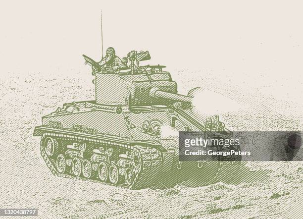 ilustrações, clipart, desenhos animados e ícones de tanque sherman da segunda guerra mundial disparando armas na praia de omaha - normandy invasion