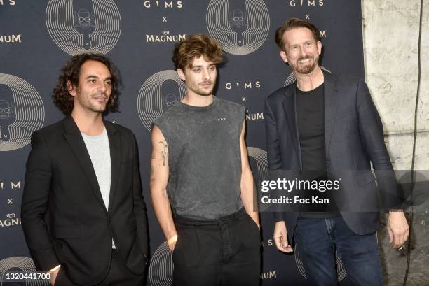 Geoffrey Gervais, Maxence Danet Fauvel and Sam Bobino attend the 'Gims x Magnum' ice cream launch at Espace Amelot on May 27, 2021 in Paris, France.