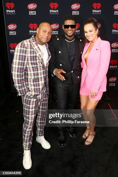 Maxwell, host Usher, and Emily Curl attend the 2021 iHeartRadio Music Awards at The Dolby Theatre in Los Angeles, California, which was broadcast...