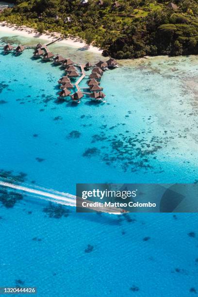 aerial of motorboat in the lagoon of bora bora, french polynesia - south pacific ocean bildbanksfoton och bilder