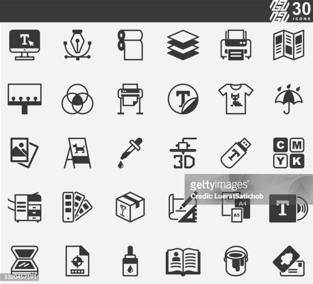 drucken, kunstwerk, grafik-design, malerei silhouette icons - label printing machine stock-grafiken, -clipart, -cartoons und -symbole