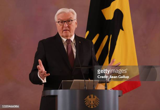 German President Frank-Walter Steinmeier speaks to the media to announce he will seek a second term as president on May 28, 2021 in Berlin, Germany....