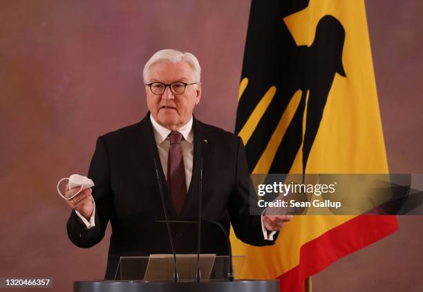 German President Frank-Walter Steinmeier speaks to the media to announce he will seek a second term as president on May 28, 2021 in Berlin, Germany....