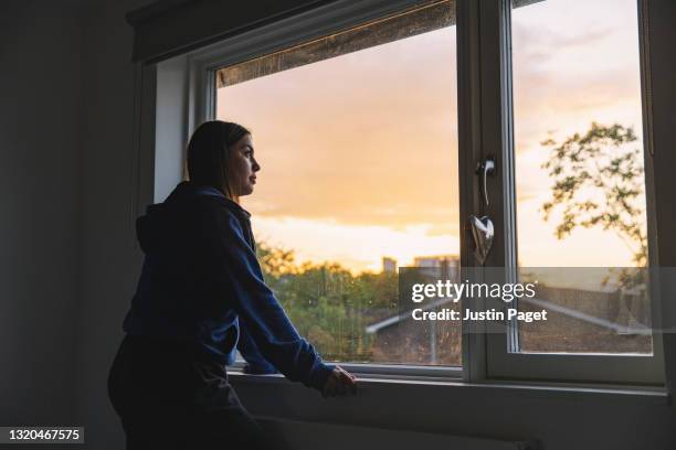 profile view shot of a teenage girl looking out of her window at sunset - kopf von hinten stock-fotos und bilder