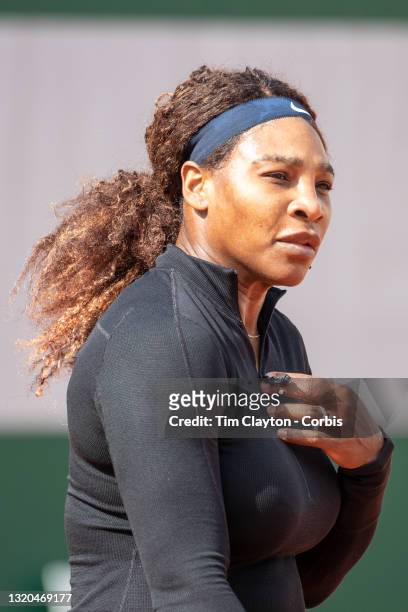May 28. Serena Williams of the United States training on Court Suzanne Lenglen in preparation for the 2021 French Open Tennis Tournament at Roland...