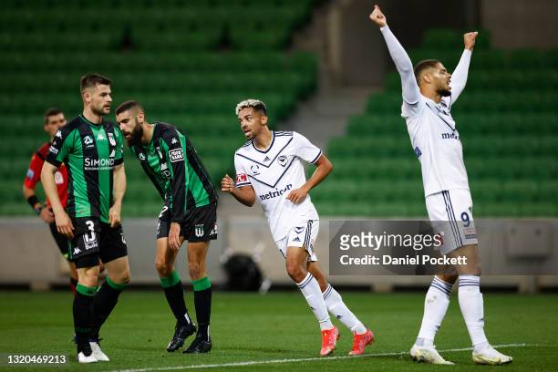 Ben Folami of the Victory celebrates a goal during the A-League match between Western United and Melbourne Victory at AAMI Park, on May 28 in...