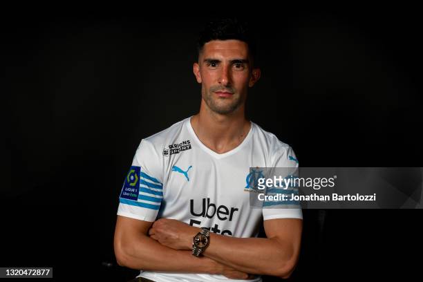 Photo shoot with Alvaro Gonzalez of Olympique de Marseille as he signs a contract extension at Centre Robert-Louis Dreyfus on May 28, 2021 in...