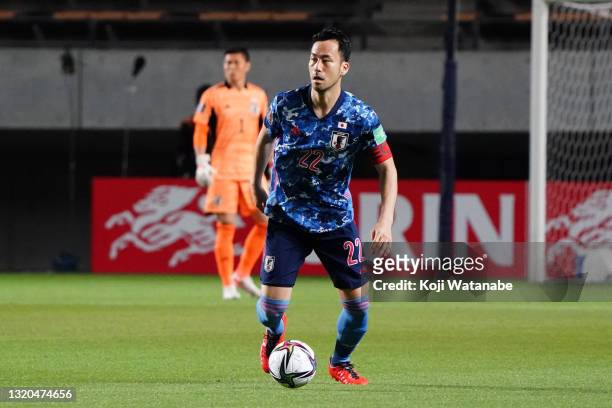 Maya Yoshida of Japan in action during the FIFA World Cup Asian qualifier second round match between Japan and Myanmar at Fukuda Denshi Arena on May...