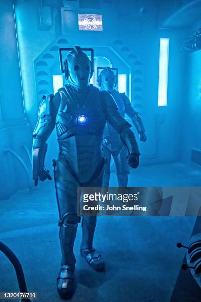 Jamal Renaldo and Harry Pudwell as Cybermen perform on set during the Doctor Who: Time Fracture press preview at Immersive LDN where the audience...