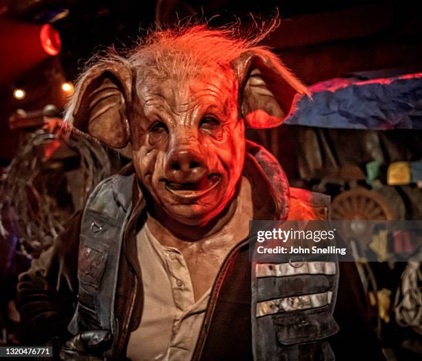 Maxwell Tyler as Pig performs on set during the Doctor Who: Time Fracture press preview at Immersive LDN where the audience finds themselves in an...