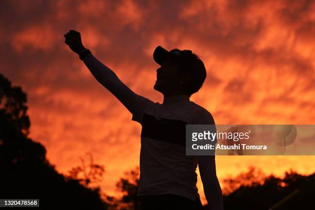 Misuzu Narita of Japan celebrates after making an eagle on the 9th hole during the second round of the Resorttrust Ladies at St. Creek Golf Club on...