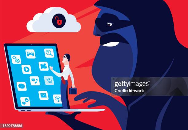 illustrazioni stock, clip art, cartoni animati e icone di tendenza di hacker che tiene laptop con cloud computing non sicuro - corporate theft