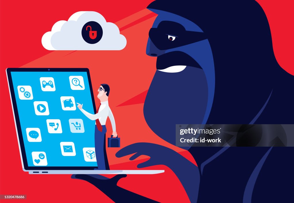 Hacker holding laptop with unsafe cloud computing