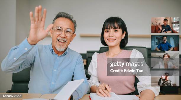 split screen asian colleague business meeting video conference call - in front of camera stock pictures, royalty-free photos & images