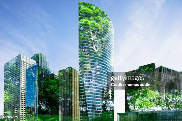 concepts of trees and skyscrapers in paris - science fiction stock-fotos und bilder
