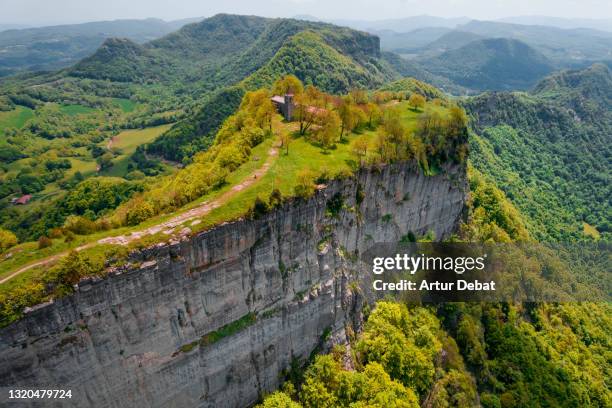 stunning drone landscape with sanctuary on top of mountain in the barcelona province. santuario de cabrera en la cumbre de las escondidas montañas del collsacabra en barcelona. - en quarantaine stock pictures, royalty-free photos & images