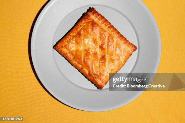 meat slice on a white plate - meat pie stockfoto's en -beelden