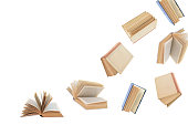 Pattern of books in different positions and located in the right-bottom part of the image