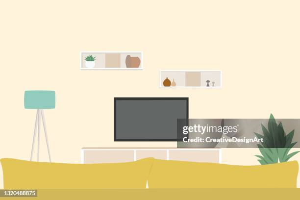 empty living room with television set and yellow sofa - monitors wall background stock illustrations