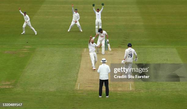 Durham bowler Ben Raine appeals with success for the wicket of Essex batsman Tom Westley during day two of the LV= Insurance County Championship...