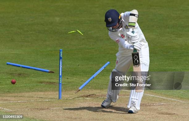 Durham batsman Chris Rushworth is bowled by Jamie Porter for 0 during day two of the LV= Insurance County Championship match between Durham and Essex...