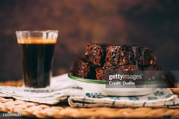 brownie slices and espresso - brownie stock pictures, royalty-free photos & images