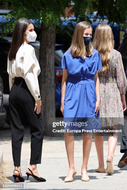 Queen Letizia and her daughter, Princess Leonor, leave the parish of the Assumption of Our Lady on May 28 in Aravaca, Spain.