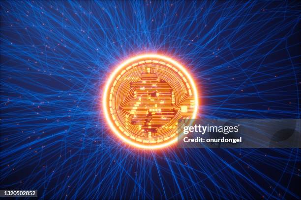 glowing bitcoin on blue background with plexus and red connection dots - bitcoin mining imagens e fotografias de stock
