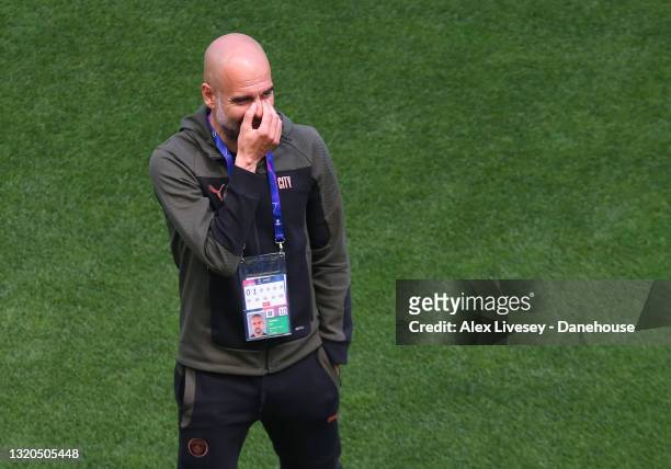 Pep Guardiola the manager of Manchester City FC is seen prior to a training session ahead of the UEFA Champions League Final between Manchester City...