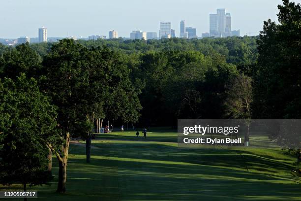 General view of the ninth hole during the continuation of the First Round of the Senior PGA Championship at Southern Hills Country Club on May 28,...