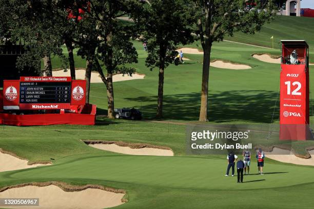 General view of the 12th green during the continuation of the First Round of the Senior PGA Championship at Southern Hills Country Club on May 28,...