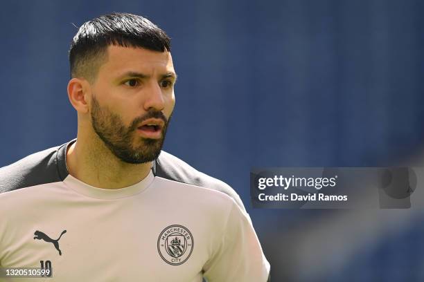 Sergio Aguero of Manchester City looks on during the Manchester City FC Training Session ahead of the UEFA Champions League Final between Manchester...