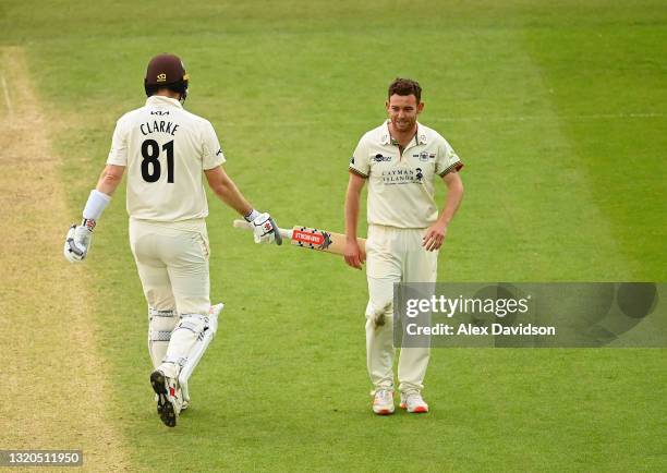 Ryan Higgins of Gloucestershire reacts after dismissing Rikki Clarke of Surrey during Day Two of the LV= Insurance County Championship match between...