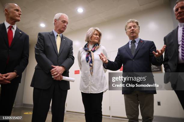 Republican senators, Sen. Rick Scott , Sen. Ron Johnson , Sen. Cynthia Lummis , Sen. Rand Paul and Sen. Tommy Tuberville speak to reporters about why...