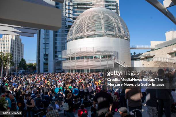 May 27: San Jose City Hall plaza is filled on Thursday, May 27, 2021 for a vigil in honor of the nine VTA employees killed in yesterday's mass...