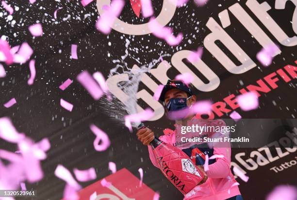Egan Arley Bernal Gomez of Colombia and Team INEOS Grenadiers Pink Leader Jersey celebrates at podium during the 104th Giro d'Italia 2021, Stage 19 a...
