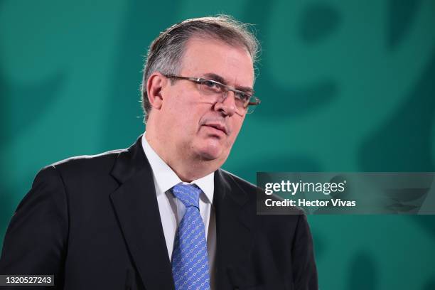 Marcelo Ebrard, Secretary of Foreign Affairs of Mexico speaks during the daily briefing at Palacio Nacional on May 28, 2021 in Mexico City, Mexico.