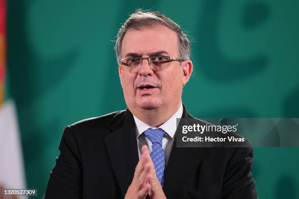 Marcelo Ebrard, Secretary of Foreign Affairs of Mexico speaks during the daily briefing at Palacio Nacional on May 28, 2021 in Mexico City, Mexico.