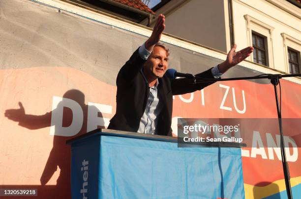 Far-right politician Bjoern Hoecke of the right-wing Alternative for Germany speaks to AfD supporters at an election campaign rally ahead of upcoming...