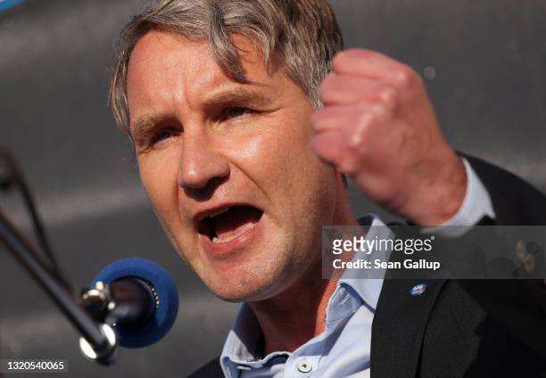 Far-right politician Bjoern Hoecke of the right-wing Alternative for Germany speaks to AfD supporters at an election campaign rally ahead of upcoming...