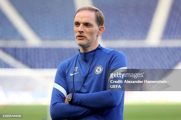 Thomas Tuchel, Manager of Chelsea looks on during the Chelsea FC Training Session ahead of the UEFA Champions League Final between Manchester City FC...