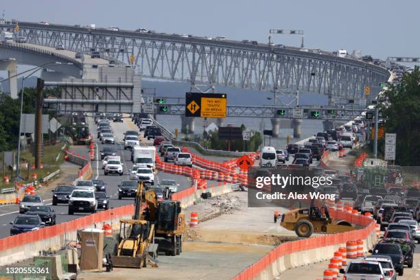 Heavy outgoing traffic moves toward the Chesapeake Bay Bridge on the eve of Memorial Day long weekend May 28, 2021 in Annapolis, Maryland. As...