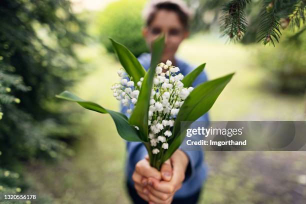 liten pojke som ger blommor till sin mamma - liljekonvalj bildbanksfoton och bilder