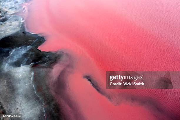 aerial view point of the multiple colors, patterns and textures over pink lake waters with dark salty sandy soil . victoria, australia - oceania foto e immagini stock