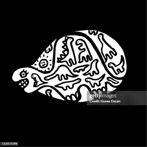 bildbanksillustrationer, clip art samt tecknat material och ikoner med dinosaurier i en dinosaurie - söt doodle - svartvit handteckning - negativt utrymme