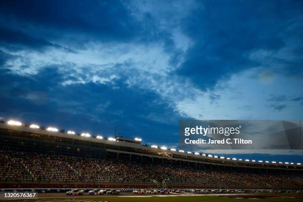Todd Gilliland, driver of the The Pete Store Ford, leads the field at the start of the NASCAR Camping World Truck Series North Carolina Education...