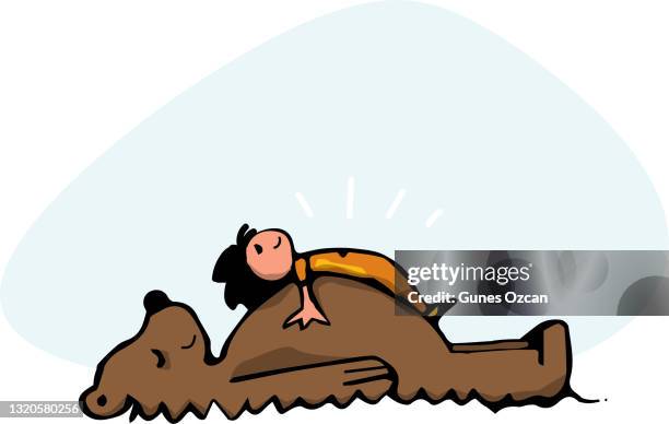 a bear and a girl - animal lying on back stock illustrations